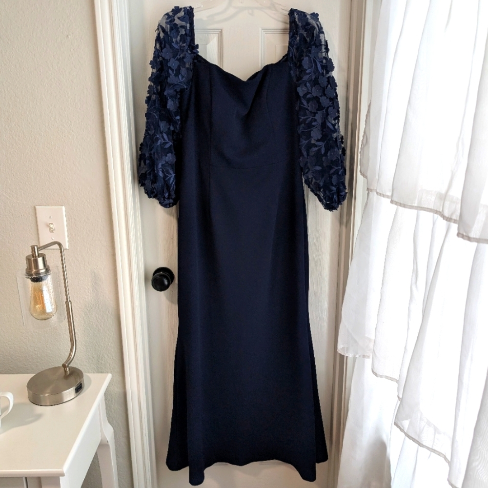 Eliza J Navy Floral Applique Sleeve Formal Dress